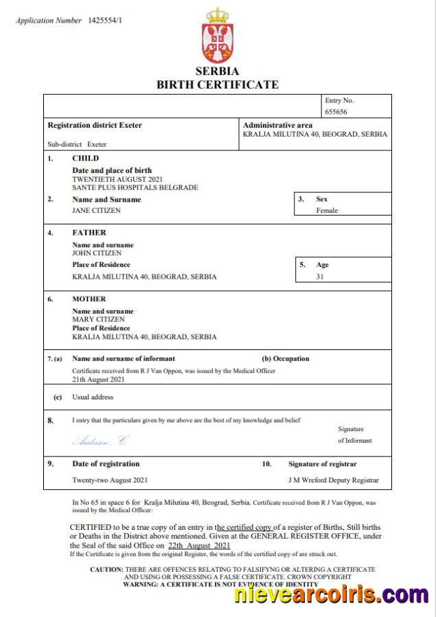 Serbia birth certificate